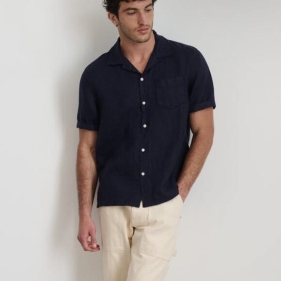 Alex Mill Wash & Go Sear Sucker Navy Button Down Short Sleeve Camp Shirt Large - Picture 1 of 5